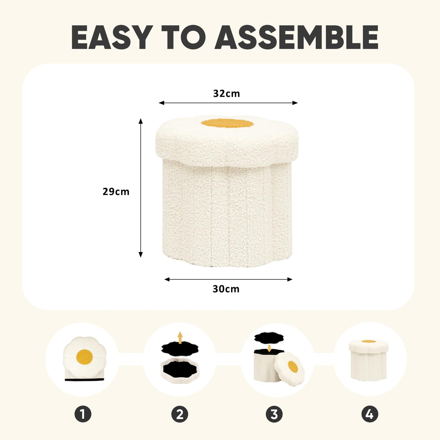 PINPLUS Small Folding Storage Ottoman with Lid, 32x32x29 cm, White