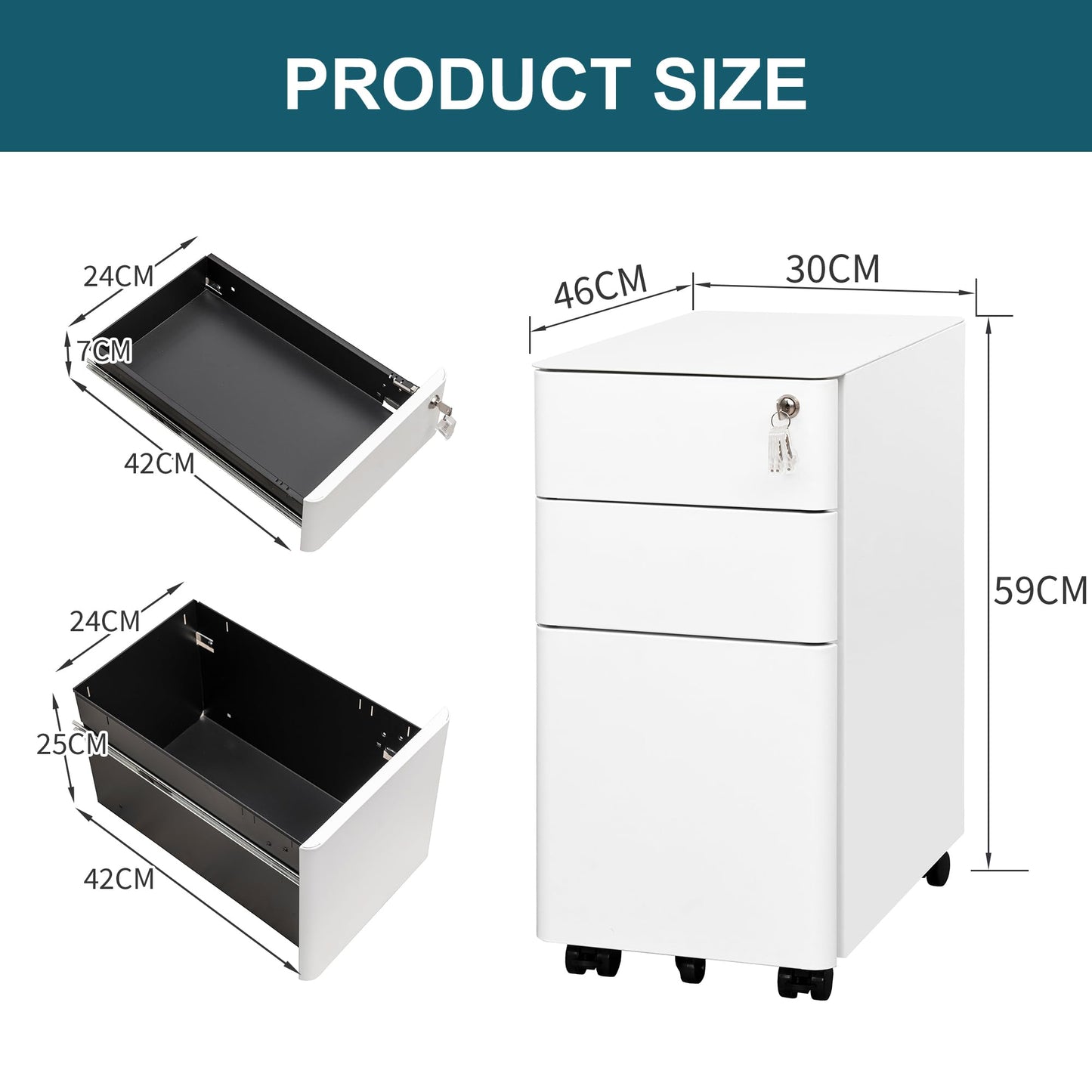 LVSTEEL Lockable 3-Drawer Metal Filing Cabinet on Wheels, Fully Assembled Mobile Office Storage for A4/Letter/Legal