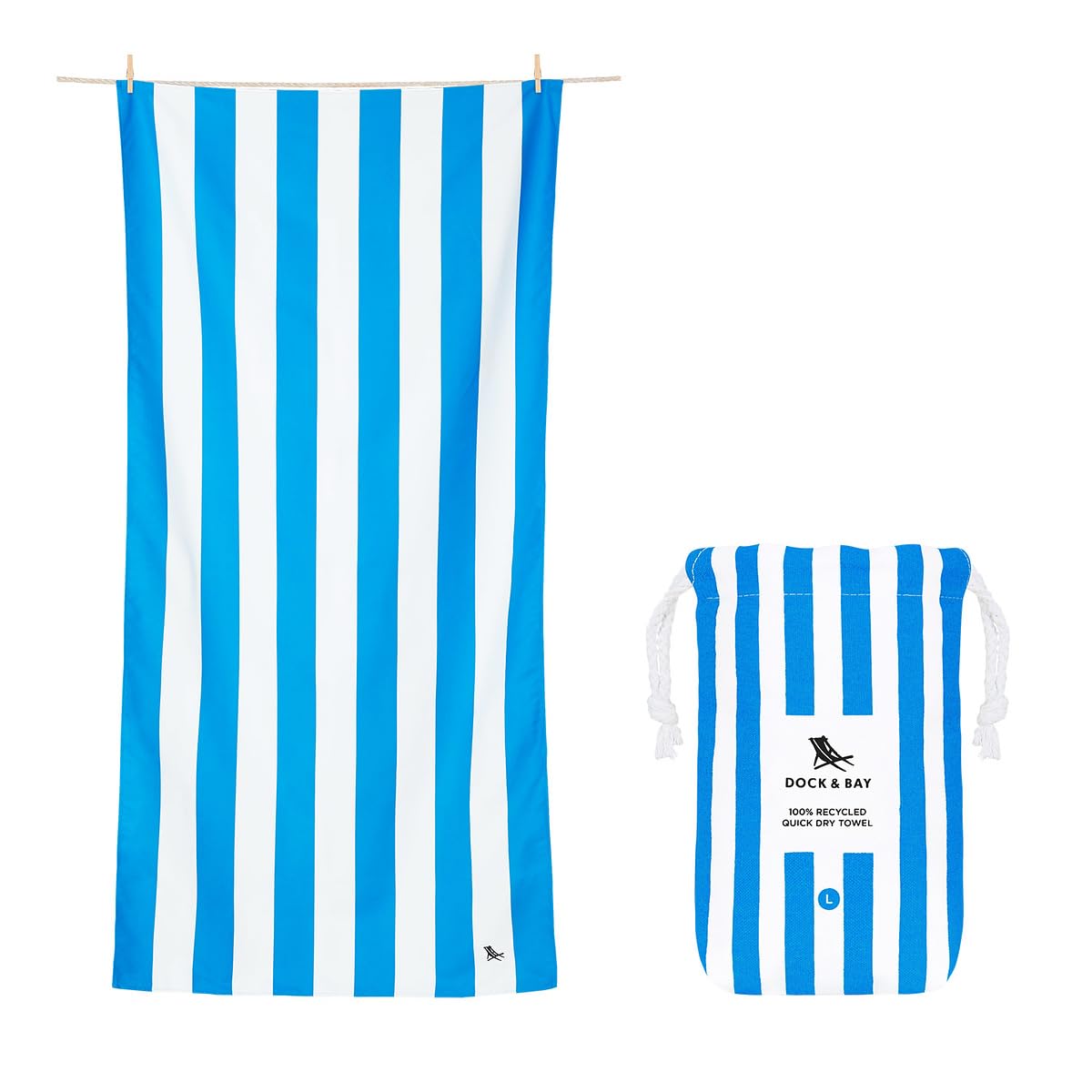 Dock & Bay Beach Towel - Quick Dry, Sand Free - Compact, Lightweight - 100% Recycled - Includes Bag - Cabana - Bondi Blue, Extra Large (200x90cm,