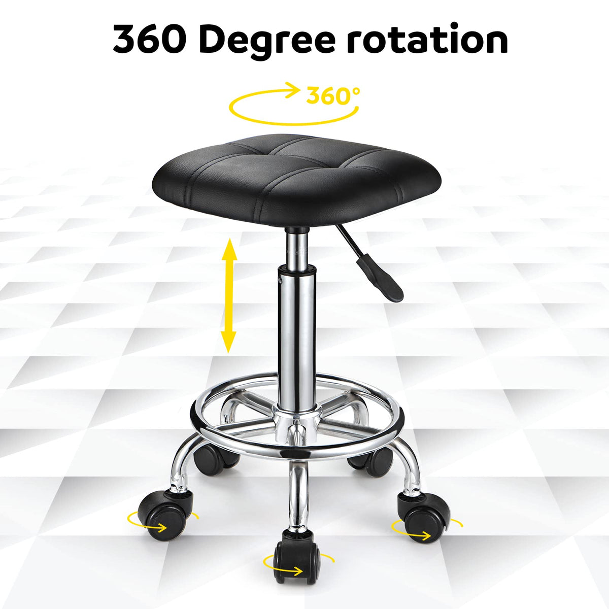FNZIR Square PU Cushion Rolling Stool with Wheels Height Adjustable Swivel Stools Chair Black
