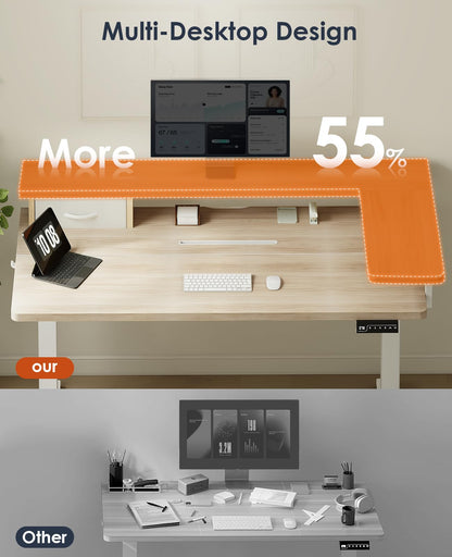 OffiGo Standing Desk with Drawers & Monitor Stand, USB Port, 120cm Beige