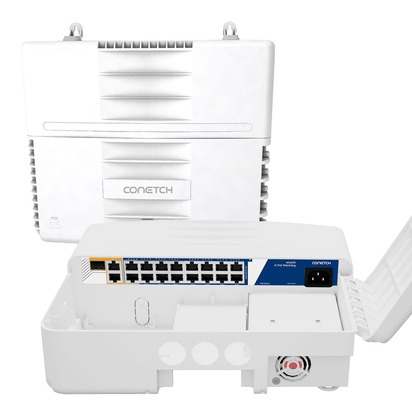 CONETCH 19 Port Outdoor PoE Switch with 2 Uplink & 1 SFP | IP65 Waterproof | 300W Built-in Power | IEEE802.3af/at/bt | AI Watchdog | 6KV Lightning
