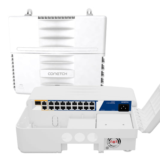 CONETCH 19 Port Outdoor PoE Switch with 2 Uplink & 1 SFP | IP65 Waterproof | 300W Built-in Power | IEEE802.3af/at/bt | AI Watchdog | 6KV Lightning