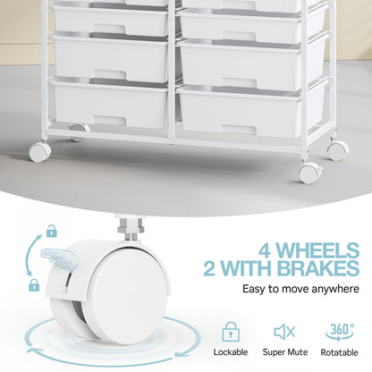 12-Drawer Craft Organizer Trolley Cart with Wooden Top, White