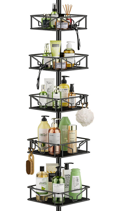 Mutool Adjustable Shower Shelf, Telescopic Shower Caddy with Hooks, No Drilling Corner Shelf with 5 Trays