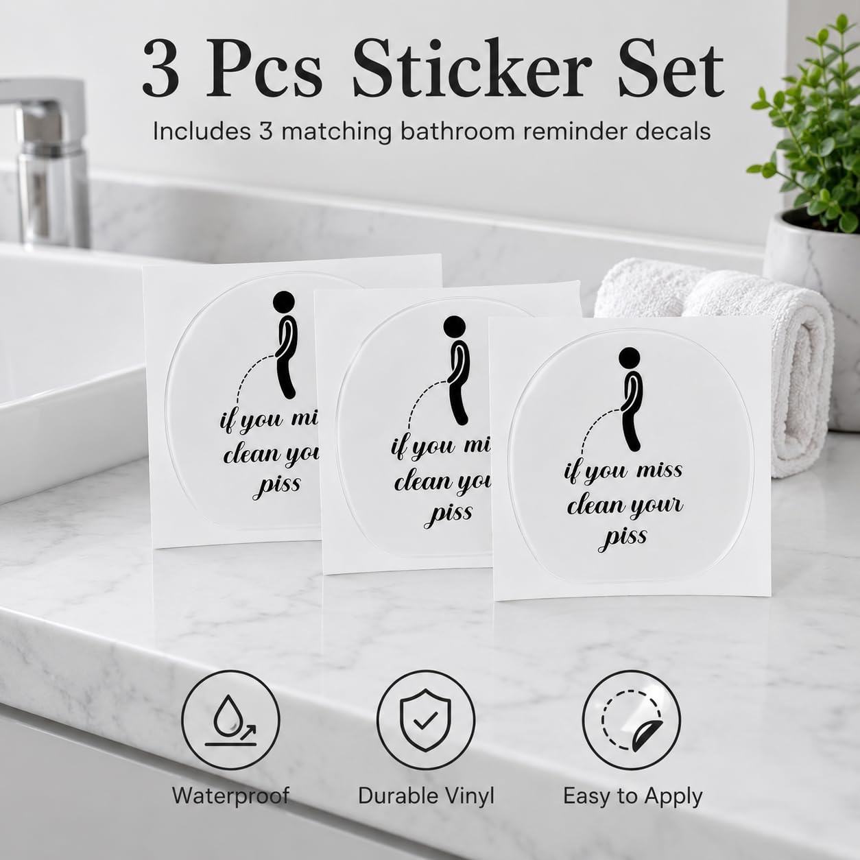 3 Pcs Waterproof Toilet Stickers, Black Bathroom Wall Art Decor