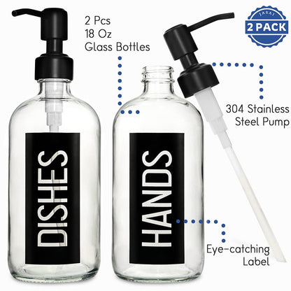JASAI Classy Black Dish and Hand Soap Dispenser Set of 2 18OZ Glass Dish and Hand Soap Dispenser for Kitchen and Bathroom