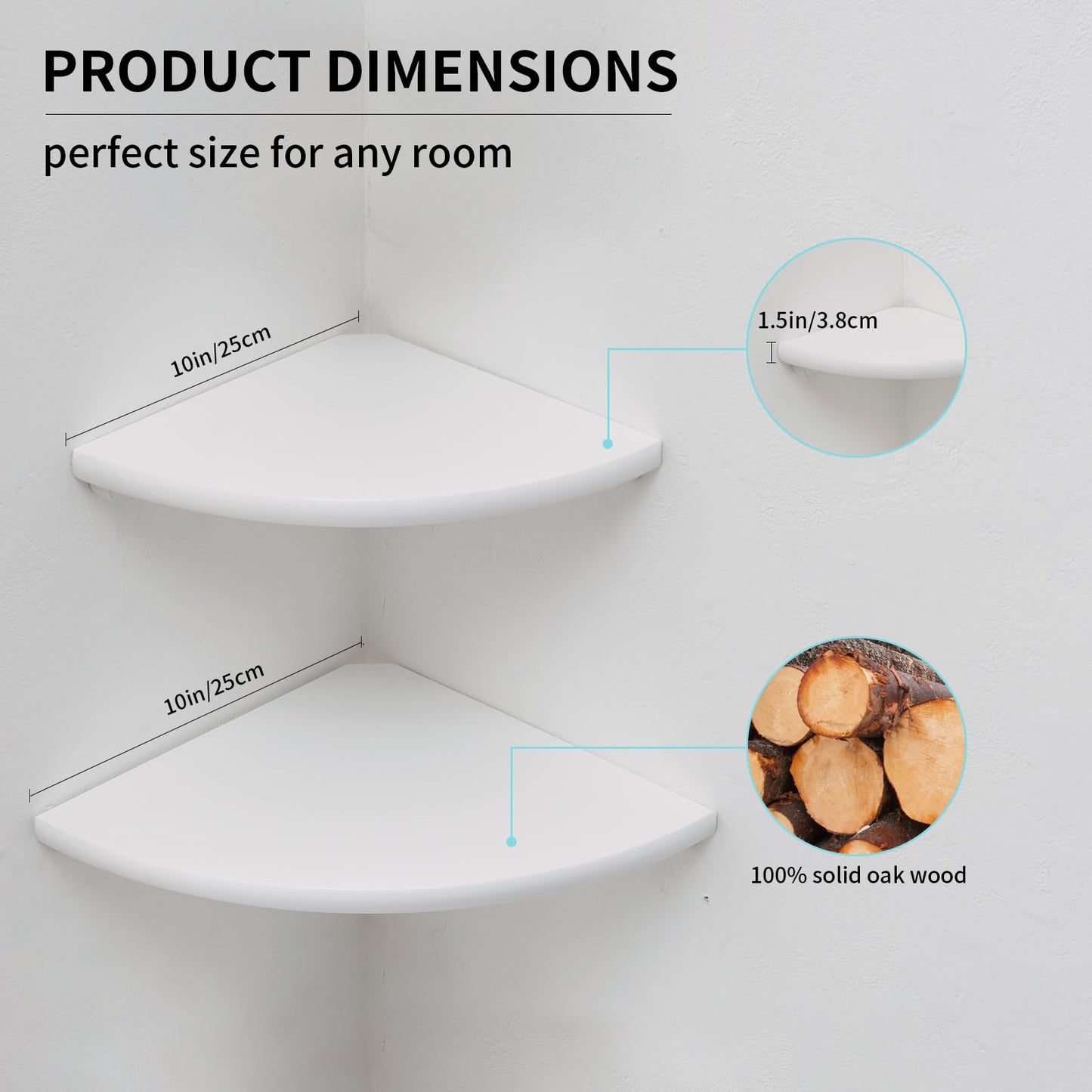 GIEANOO White Corner Shelf Wall Mount, Solid Oak Wood Set of 2 Floating Corner Shelf Round End Floating Speaker Shelf With Wire Hole Shelf for Small