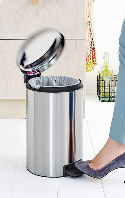 Brabantia NewIcon Pedal Bin 12L (Matt Steel) Soft-Closure Rubbish Waste Bin, Removable Inner Bucket + Free Bin Bags