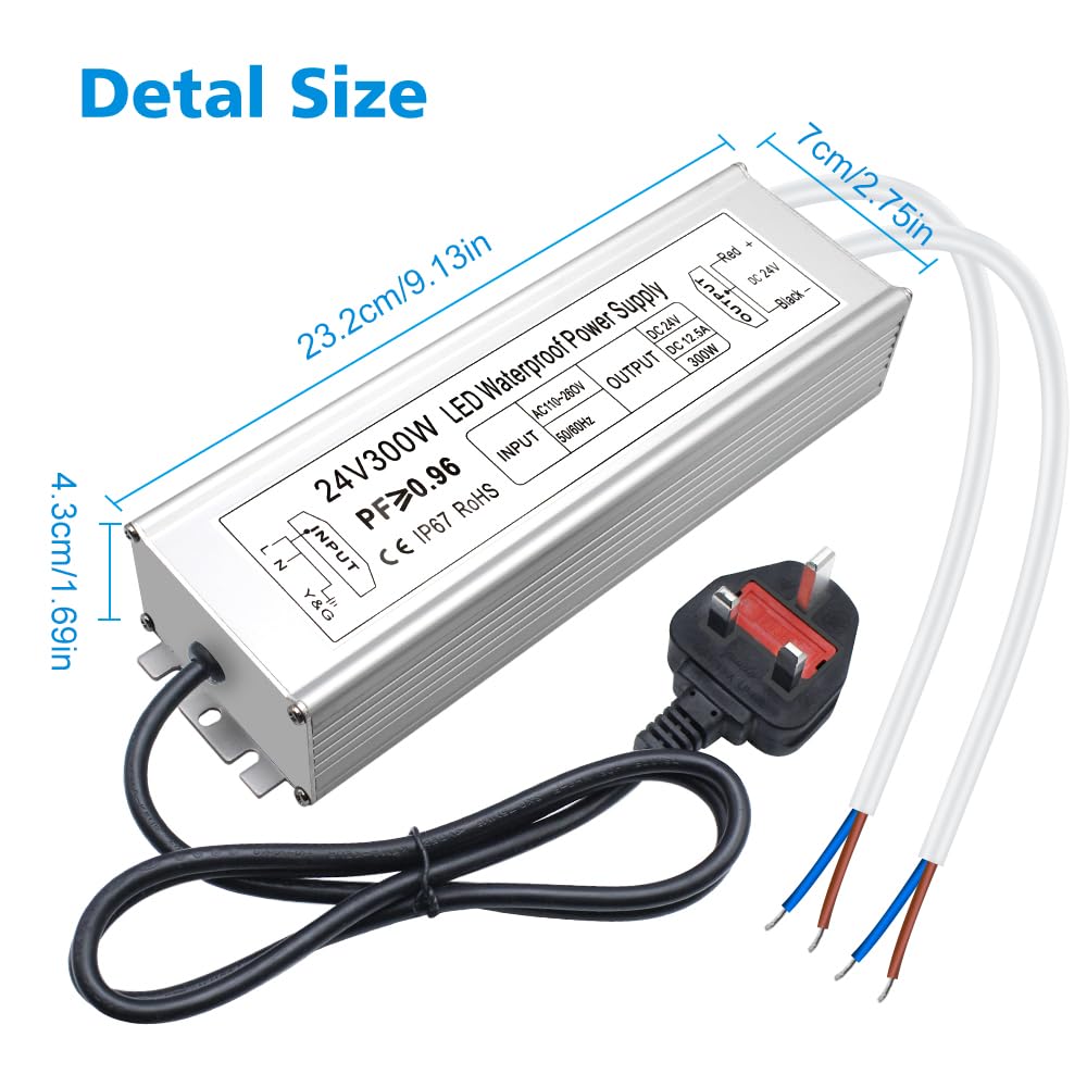 inShareplus LED Power Supply, 24V 300W IP67 Waterproof Outdoor Driver, AC 90-265V to DC 24V 12.5A Low Voltage Transformer, Adapter with 3-Prong Plug