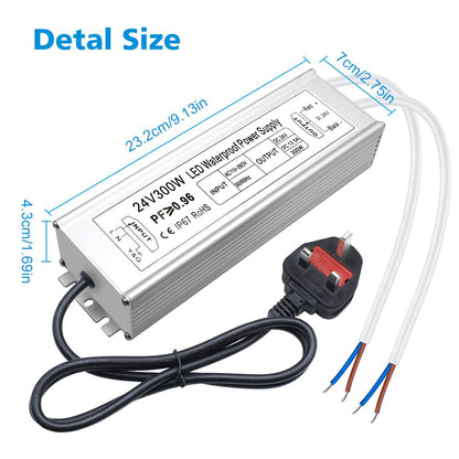 inShareplus LED Power Supply, 24V 300W IP67 Waterproof Outdoor Driver, AC 90-265V to DC 24V 12.5A Low Voltage Transformer, Adapter with 3-Prong Plug