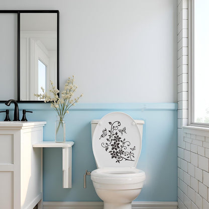 Black Flowers Butterfly Bathroom Toilet Seat Lid Cover Decals Stickers PVC Sticker Removable Self-Adhesive Restroom Decor Art Decoration Toilet Lid