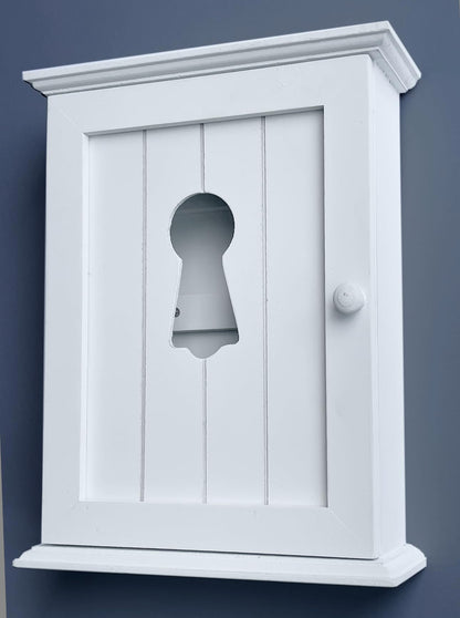 GreyZouq Wooden Key Cabinet Wall Mounted, Keyhole Window Design, Key Holder for Wall with 6 Hooks, Decorative Key Organiser, Magnetic Door Closure