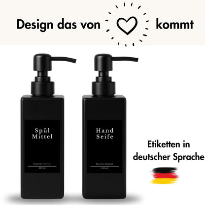 Soap Dispenser Glass Black Matt Pack of 2, 350 ml with Stainless Steel Pump - Detergent Dispenser for Kitchen