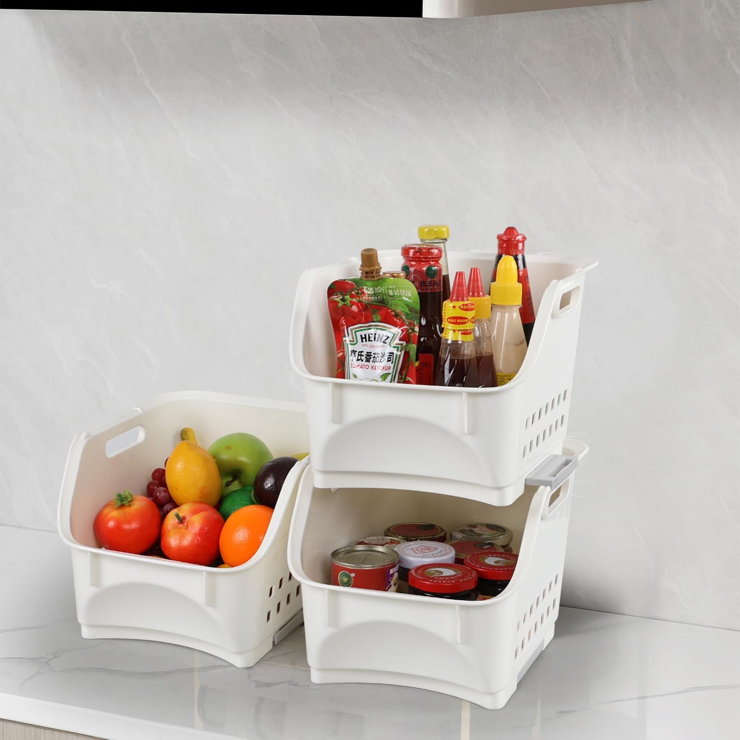 Obstnny 3-Pack Plastic Kitchen Stacking Storage Baskets Racks, White