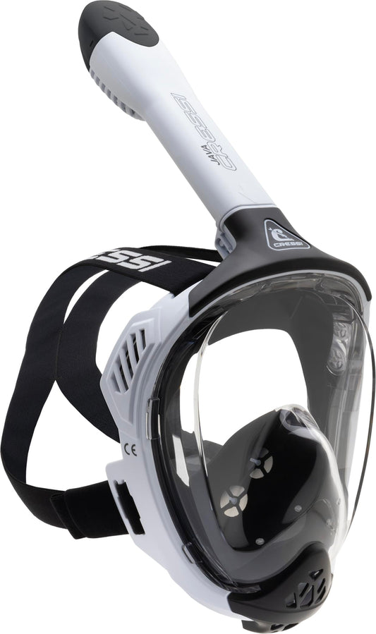 CRESSI Java Full Face Mask White/Black S/M-Unisex Full Face Snorkel Mask, Ultra Clear Anti Fog Lens, 100% Silicone, Snorkel Dry with Safety Valves,
