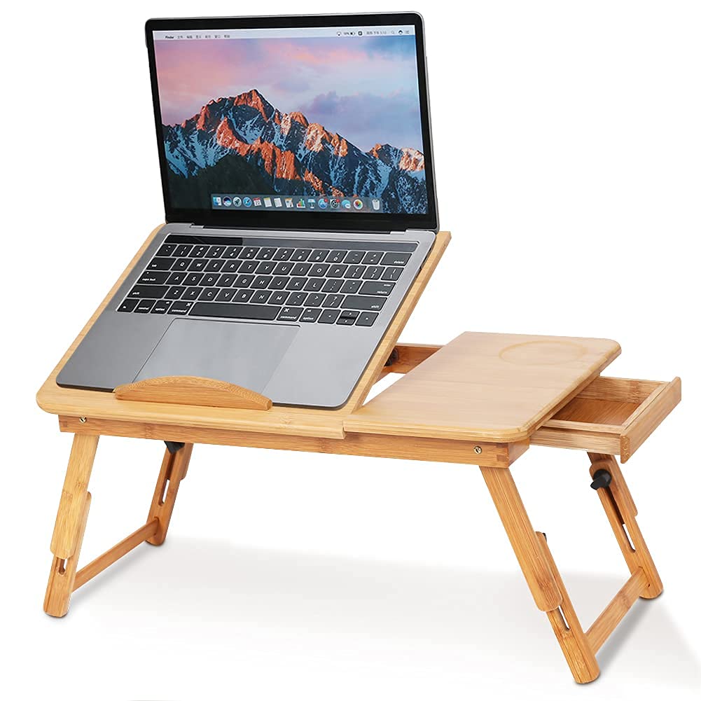 Bamboo Laptop Bed Table, Foldable Bed Table Bed Reading Tray With Vents, Computer Stand Portable Bed Adjustable Bamboo Computer Table with Drawer for