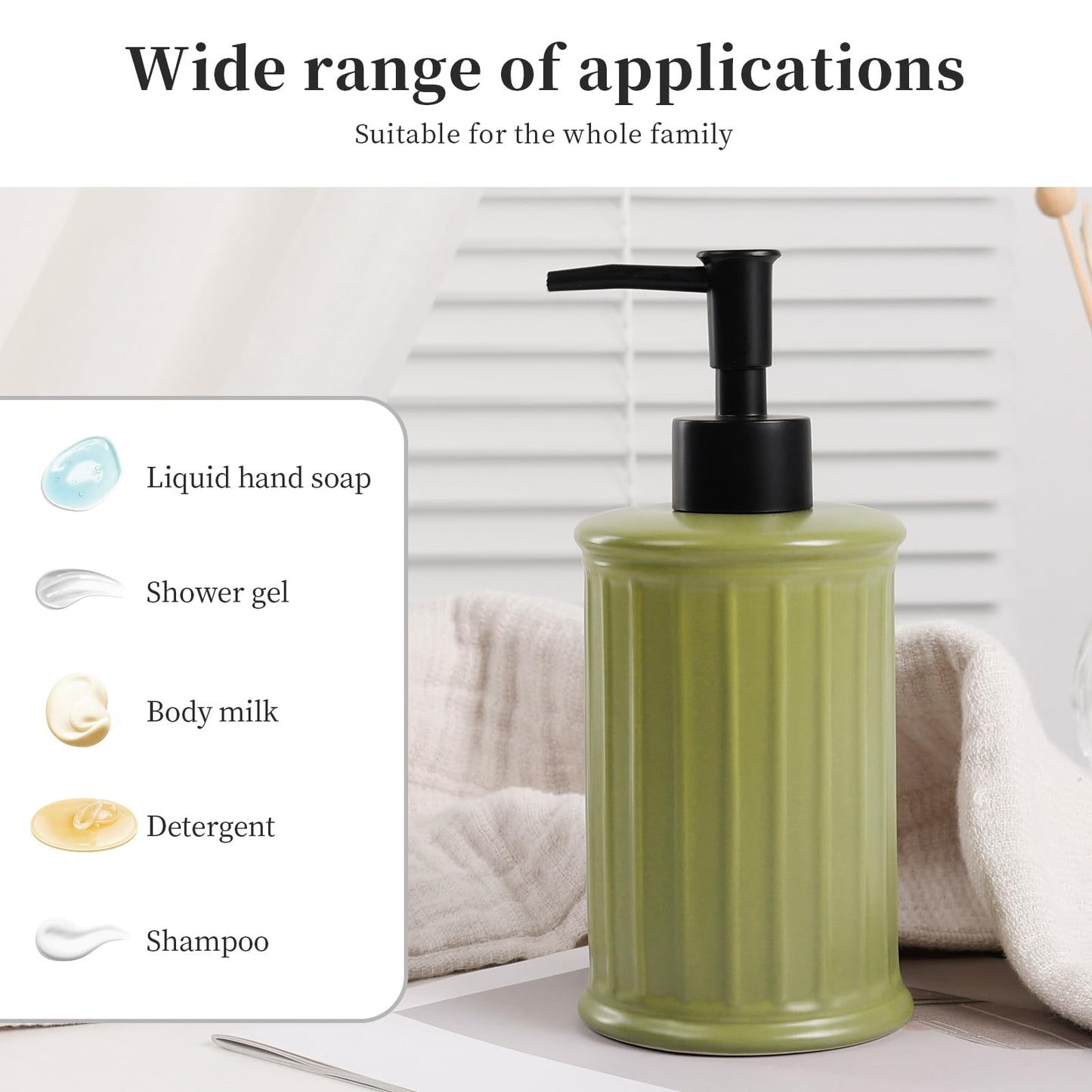 ANTIS'S HOME Ceramic Soap Dispenser Liquid 350ml | Refillable Hand & Dish Soap Bottle for Bathroom Kitchen | Modern Matte Green Countertop Dispenser