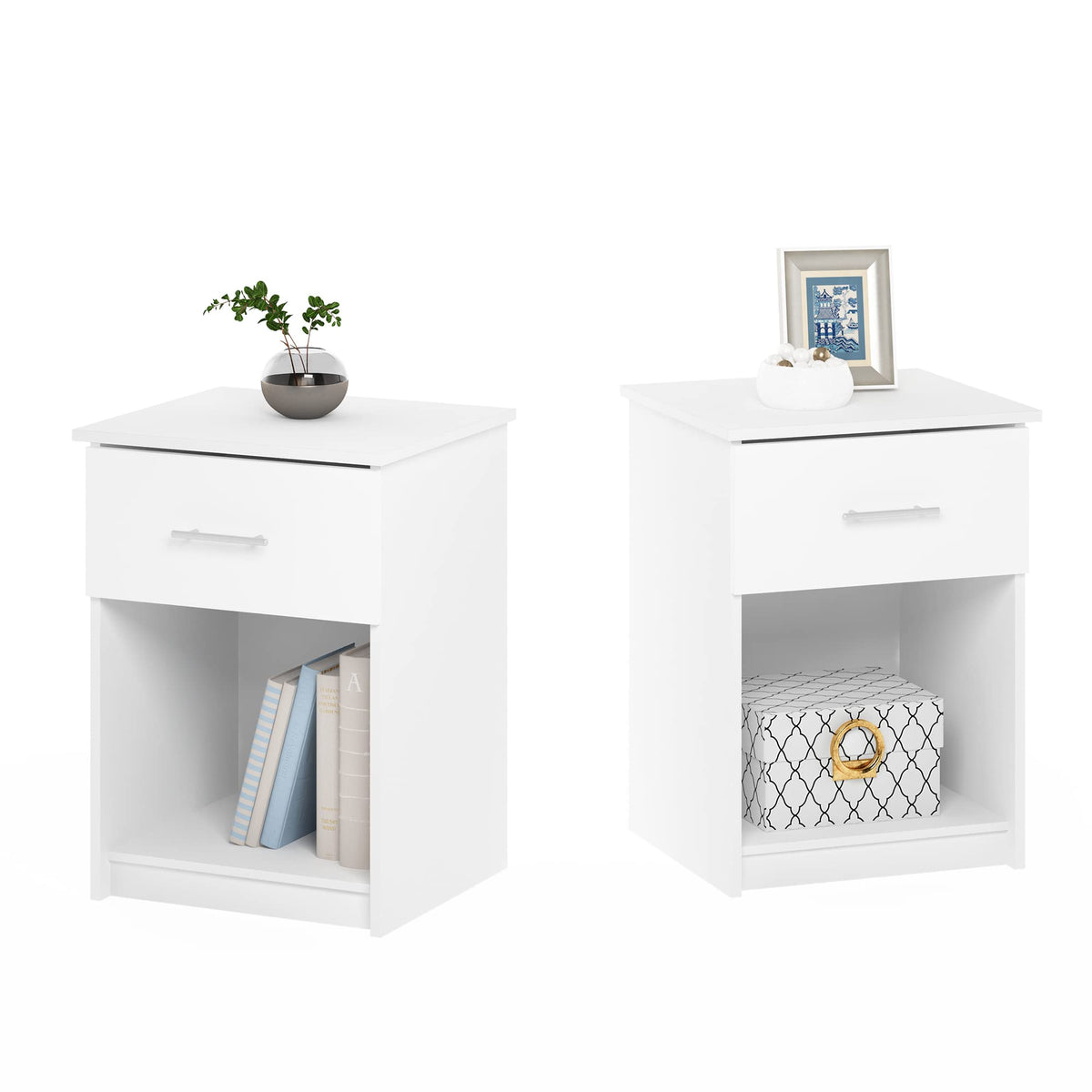 Furinno TIDUR Night Stand Set of 2, Nightstand with Drawer, Bedside Table, End Table, Side Table with Storage Shelf, Bar Handle Drawer, for Bedroom