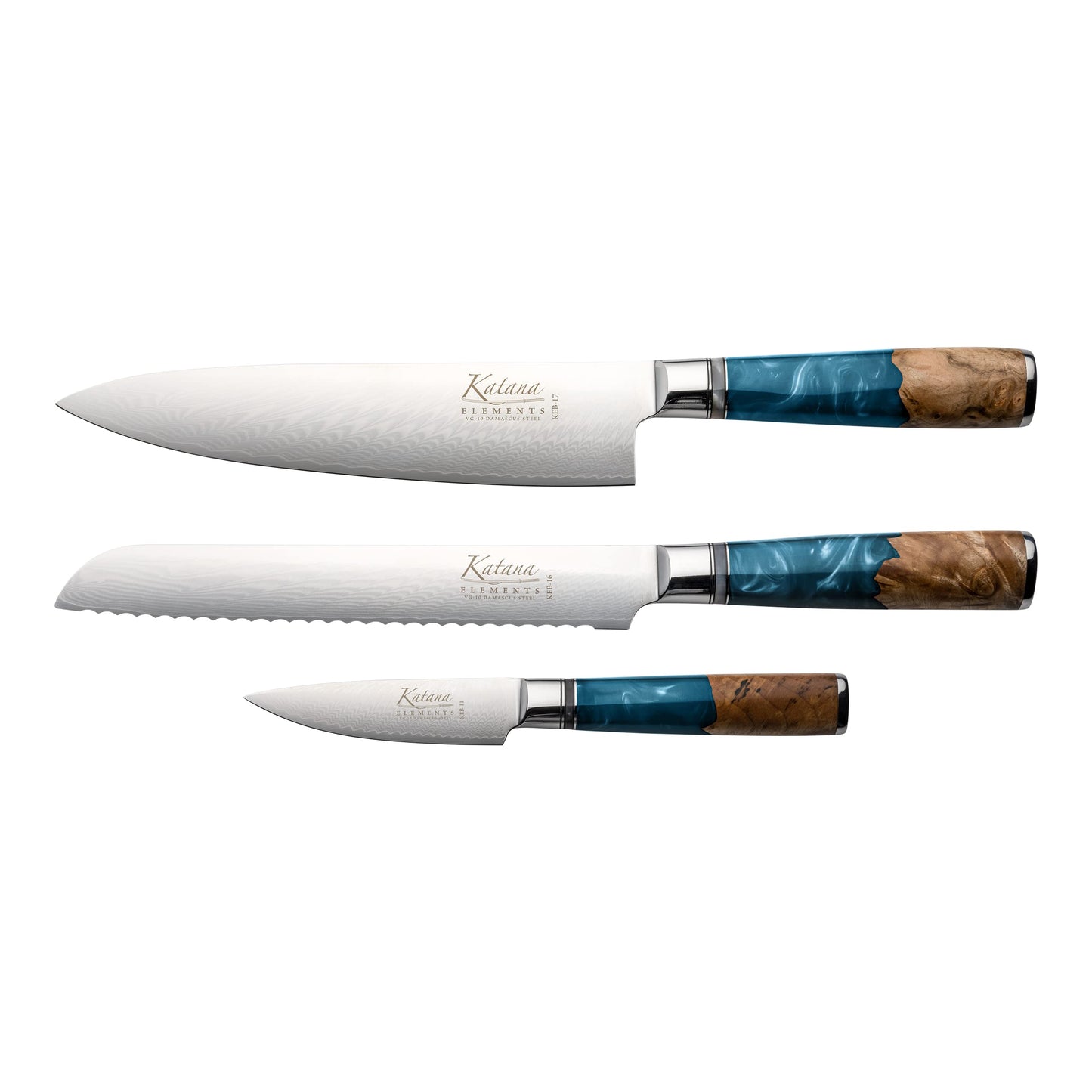 Katana Saya Elements 3 Piece Kitchen Knife Set, Ocean Blue, 20cm Chef's, 20cm Bread and 9cm Paring Knives Japanese VG-10 Damascus Stainless Steel,