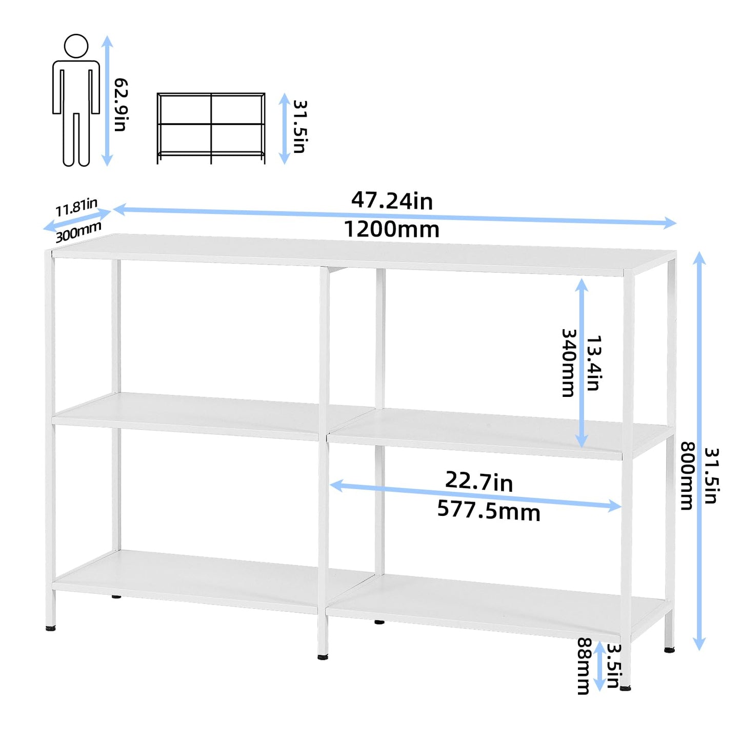 HDANI 120cm Metal Console Table with 3 Tier Strage Shelves,Narrow Entryway Table,Modern Sofa Tables for Entryway, Living Room,Bedroom,White