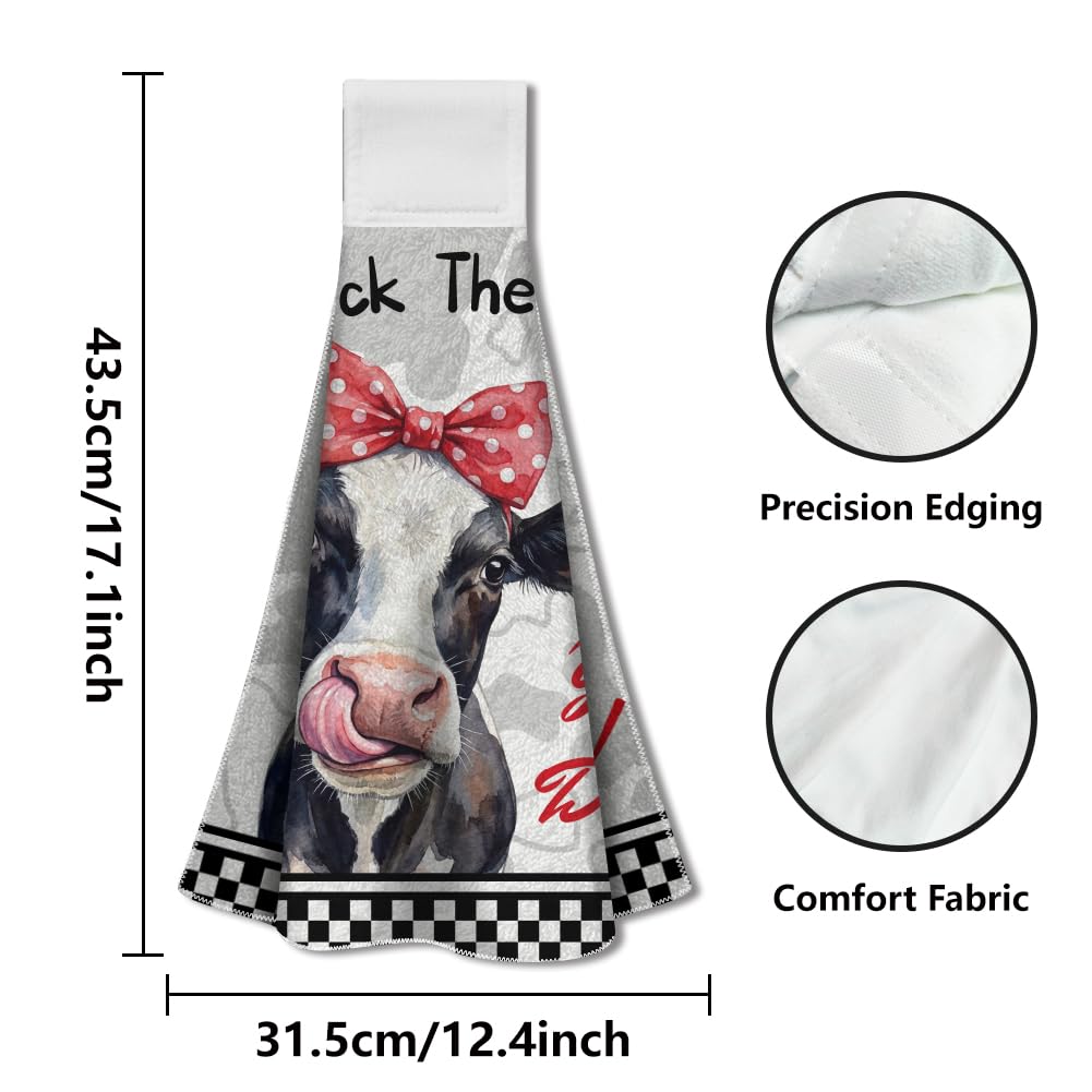 WADORN 2Pcs Funny Cow Kitchen Towels with Hanging Loop, Soft Absorbent Farm Cow I'll Lick The Dishes Hand Towels Spring Summer Dish Cloths for
