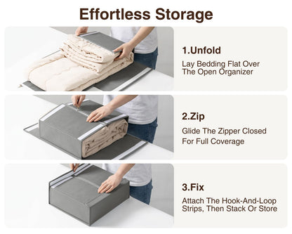 DIMJ Bedding Storage Foldable Bed Sheet Organiser, 3 Pack Underbed Storage Box with Zip for Queen/King Sheets with Handle and Clear Tab Bag for Duvet