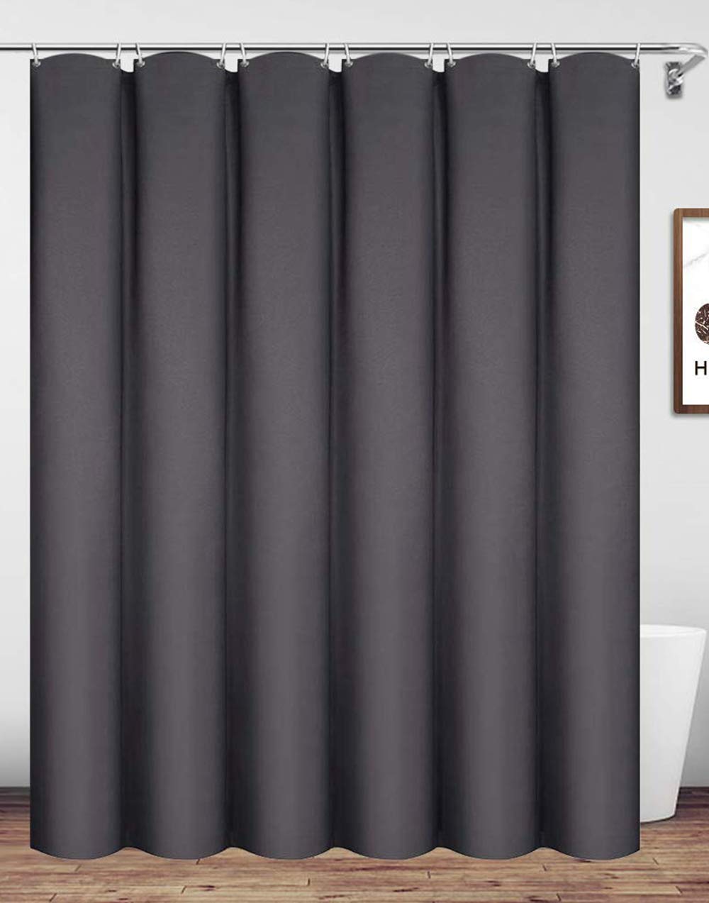 Homehold Charcoal Grey Shower Curtain With Hooks, 180cm Wide By 180cm Long Polyester Waterproof Bathroom Curtain