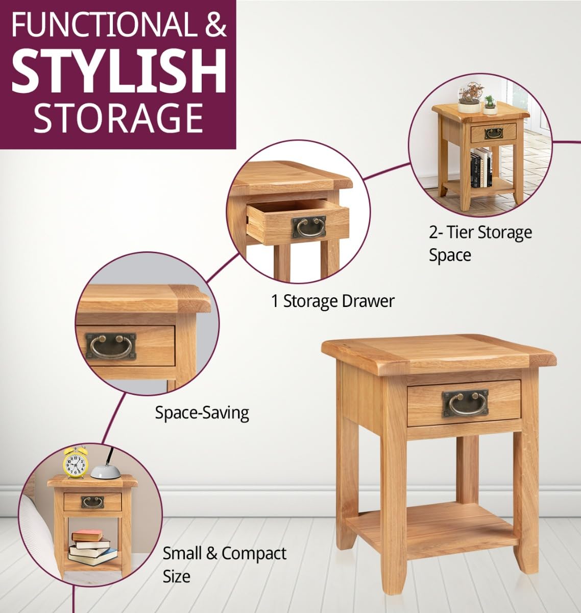 Hallowood Furniture Monchique Small Solid Oak Side Table with Drawer and Shelf, Wooden Lamp or Bedside Table with Lower Storage Unit, Bedroom and