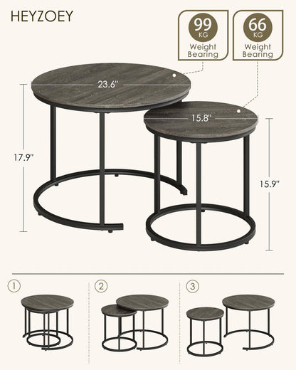 HEYZOEY Round Coffee Tables, Removable Set of 2 End Table, Nesting Tables with Black Metal Frame Legs and Wooden Grey Top for Living Room, Bedroom
