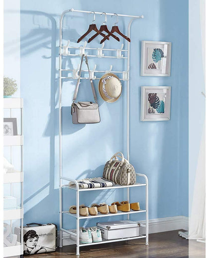 Coat Rack Shoe Bench with 8 removable Hooks, Metal Coat Hat Rack Free Standing Clothes Stand with 3-Tier Shoe Rack Bench, Hat Stand Hallway Organiser