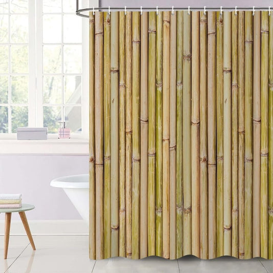 Uiiooazy Bamboo Shower Curtain, Zen Yellow Bamboo Stems Oriental Theme Bath Curtain Mildew and Mould Resistant Waterproof Polyester Fabric Washable