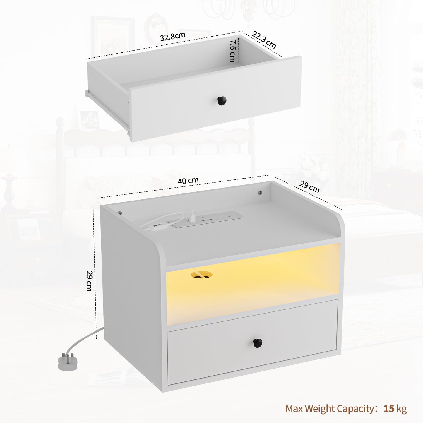 BonVache Set of 2 Floating Bedside Tables, Multi-Function Adjustable Lighting and Charging Station, Floating nightstand with Open Shelf and Drawer