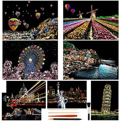 Heyu-Lotus 8pcs Scratch Art Paper Rainbow Painting Sketch City Series Night Art Craft Scratch Scratchboard for Adult and Kids with 5 Tools