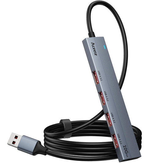 Aceele USB Hub ??????, USB 3.2 Gen 2 Hub with 4 USB A Ports and Type-C Power Port, USB 3.2 Splitter with 4ft Extented Long Data Cable USB Extension