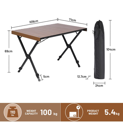 TIMBER RIDGE Folding Camping Table Fold up Aluminum Foldable Portable, 108x71cm Roll up Picnic Table Support 100kg 4ft Height Adjustable 4-6 Person