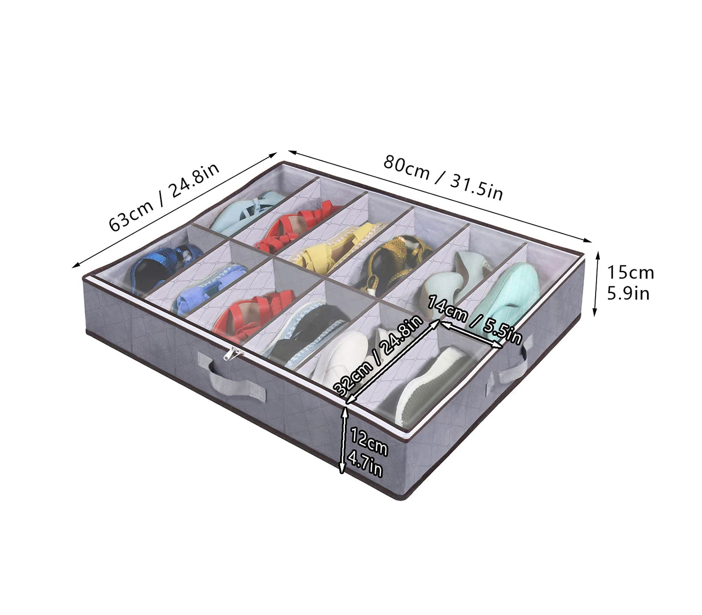 Nwvuop 2 Pack Under Bed Shoe Storage Organiser Box with Clear Lid Foldable Under Bed Shoes Bag, Fits 24 Pairs Grey