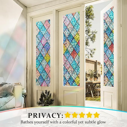 Beautysaid Rainbow Privacy Window Film: Stained Glass, No-Glue Frosted Window Film, Static Cling Film (Multicolor, 90x300cm