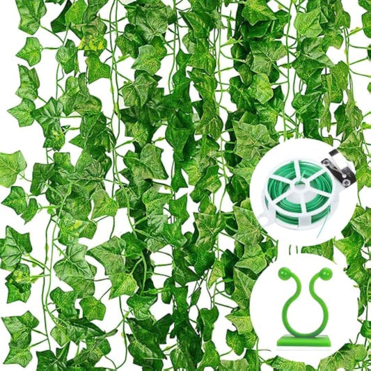 Ivy Artificial Garland Pack of 12 Green Fake Ivy Plants Ivy Vine for Garden Wedding Party Wall Decoration (2.2 m, with 12 Pieces Plant Clips, 30 m Cable Ties)