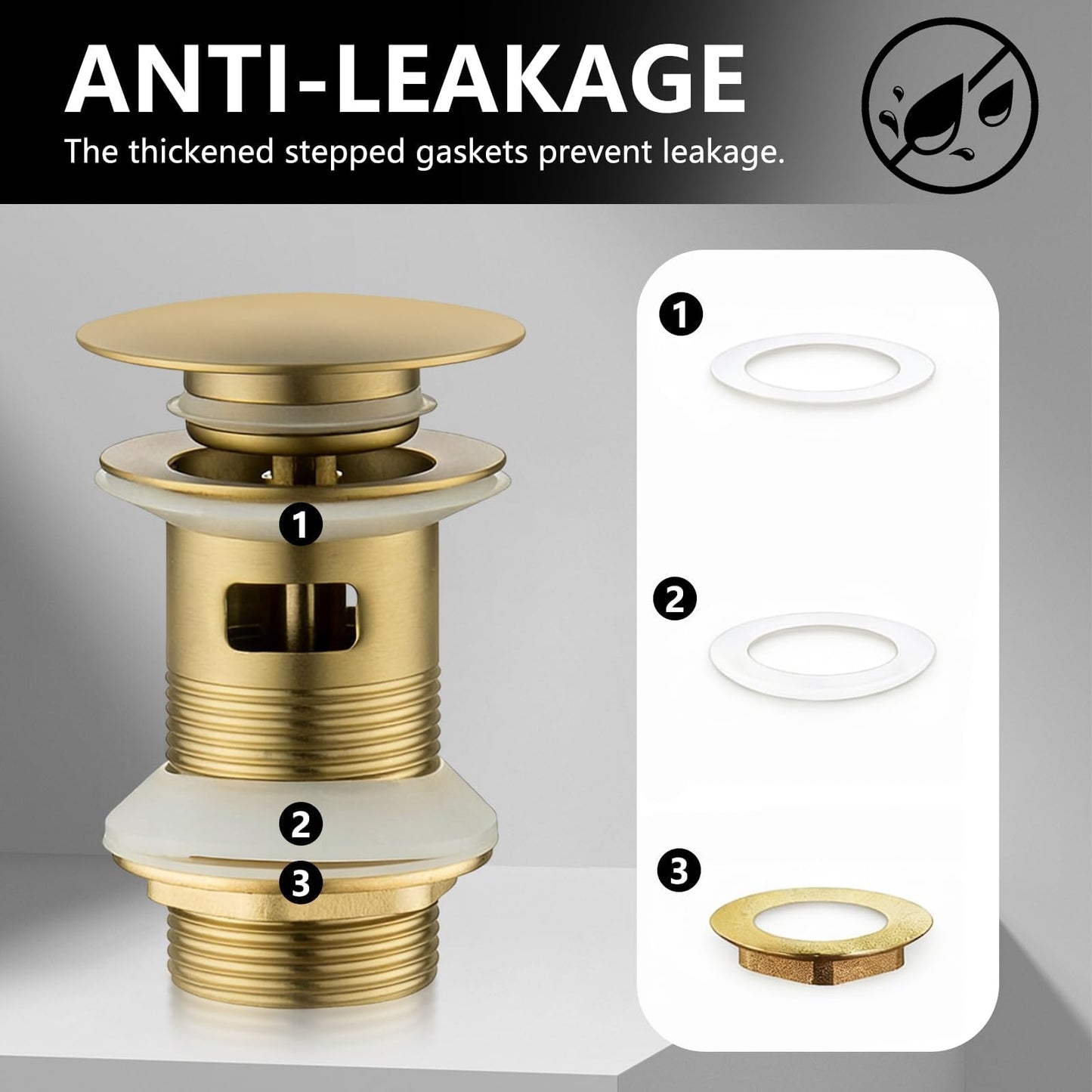 NIYATA Brushed Gold Pop Up Basin Waste with Overflow, 1 1/4" Click Clack Sink Plug for Bathroom, Slotted Push Button Waste for Vessel Sinks
