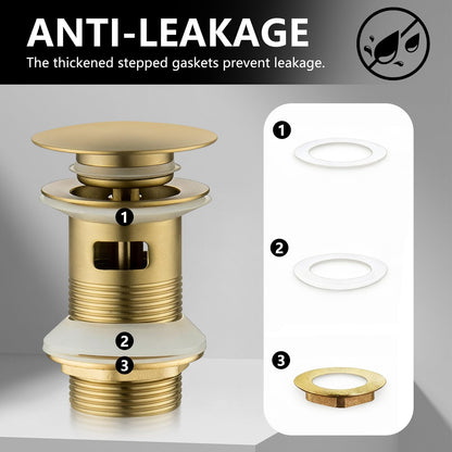 NIYATA Brushed Gold Pop Up Basin Waste with Overflow, 1 1/4" Click Clack Sink Plug for Bathroom, Slotted Push Button Waste for Vessel Sinks