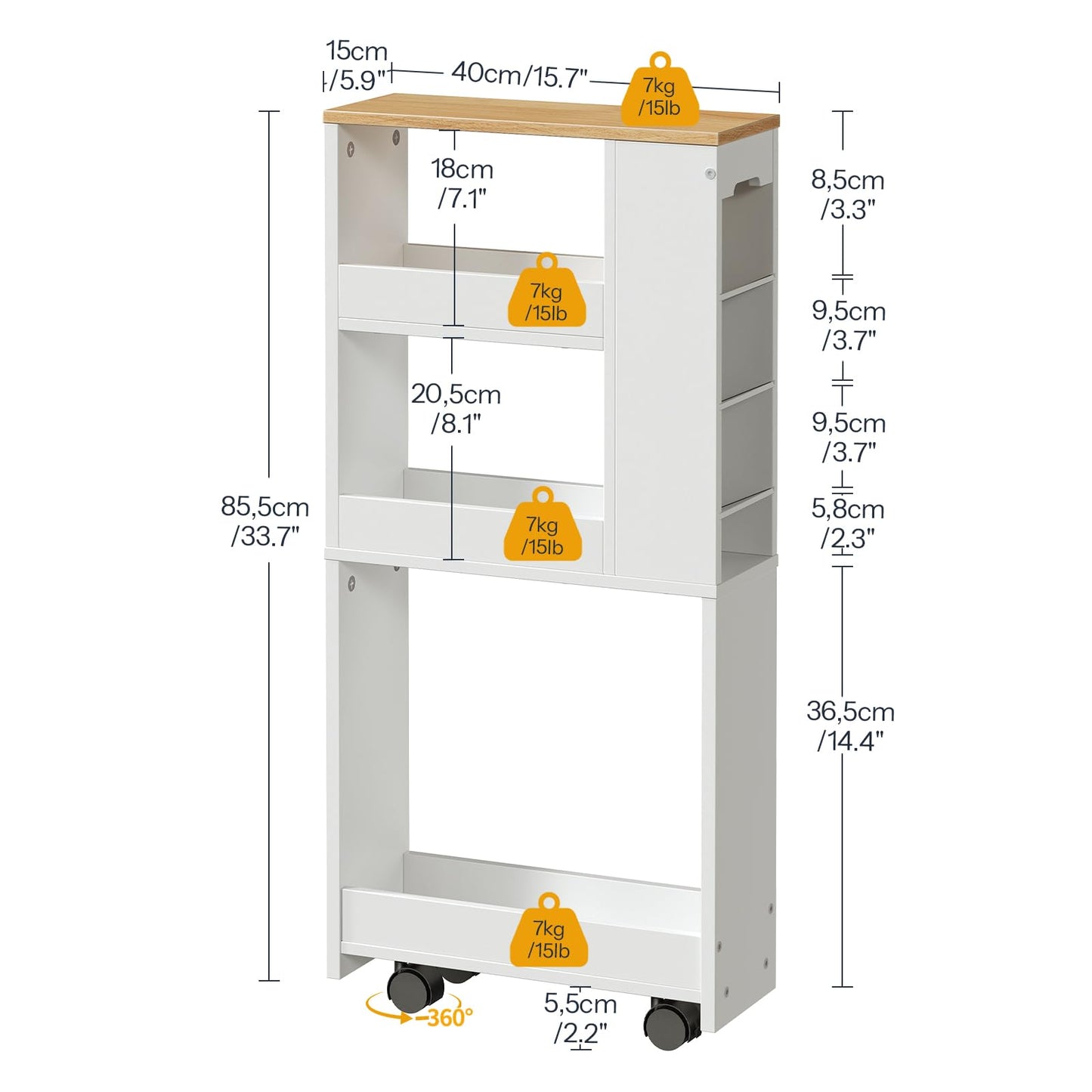 HOOBRO 4-Tier Slim Storage Trolley, 40 x 15 x 85.5 cm, Narrow Kitchen Trolley with 4 Lockable Swivel Casters, Storage Cart for Small Spaces, Kitchen