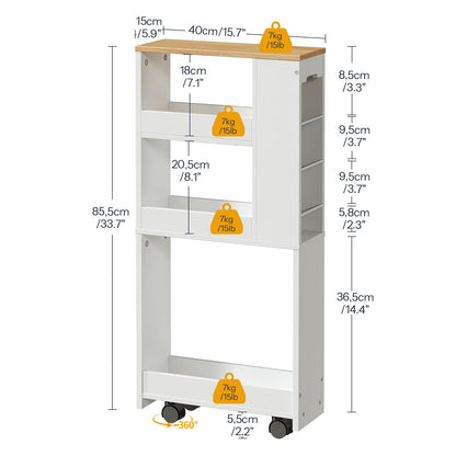 HOOBRO 4-Tier Slim Storage Trolley, 40 x 15 x 85.5 cm, Narrow Kitchen Trolley with 4 Lockable Swivel Casters, Storage Cart for Small Spaces, Kitchen