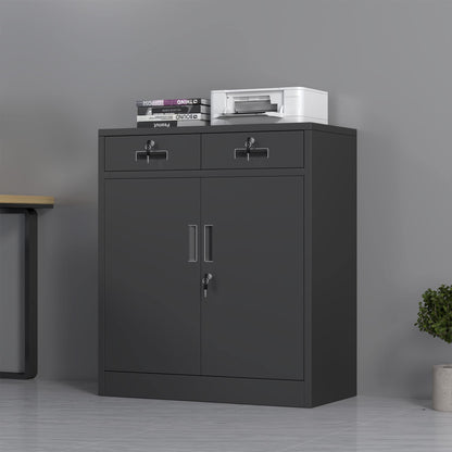 JINGUR Metal Storage Cupboard with Locking Doors and 2 Drawers (Black)
