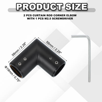 PATIKIL 2 Pcs 90° Black Stainless Steel Curtain Rod Corner Connector with Screwdriver for 3/4 Inch Bay/Corner Window, 2.28" x 2.28" (L*W)