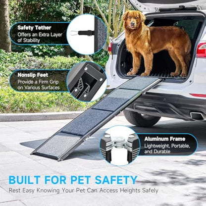 CO-Z Dog Ramp for Car, 170 cm Folding Pet Ramp for Large Dogs up to 90 kg with Non-Slip Rug Surface, Portable Dog Pet Stairs for Car SUV Truck Bed Sofa, Indoor and Outdoor Use