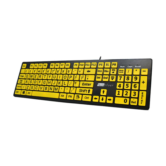 TechSilver Large Print Keyboard ? High Contrast Yellow on Black ? Wired USB for Visually Impaired & Seniors - UK Layout