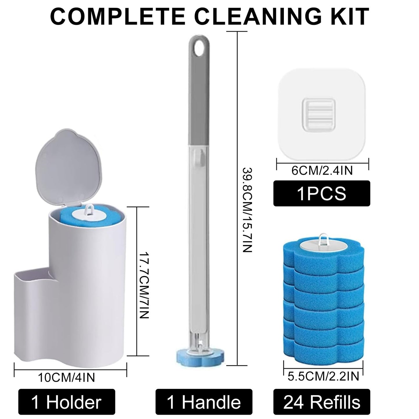 1 Pack Disposable Toilet Brush with 24 Refill Sponges, Wall Mounted Toilet Cleaning Wand System with Holder, Bathroom Cleaning Brush for Toilet, Sink