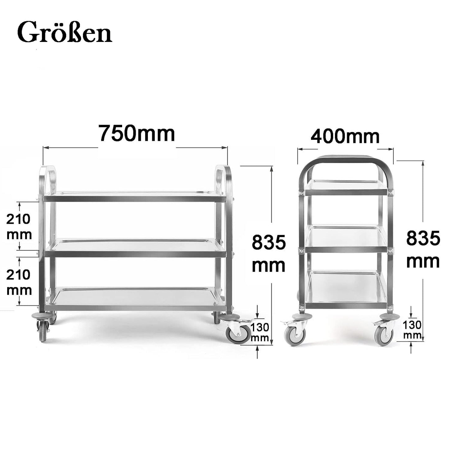 ybaymy Serving Trolley, Stainless Steel, 3 Shelves, 80 cm Height, Wheels with Brake, Food Trolley for Hotel Restaurant Kitchen