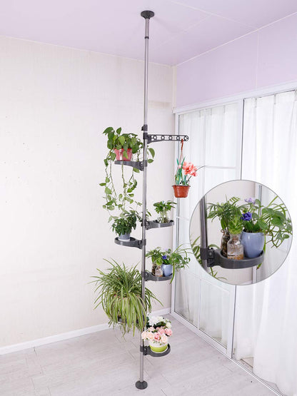 BAOYOUNI 7-Tier Indoor Plant Pole Spring Tension Rod Expandable Flower Pots Display Rack Stand Hanger Metal Corner Storage Shelf, Grey